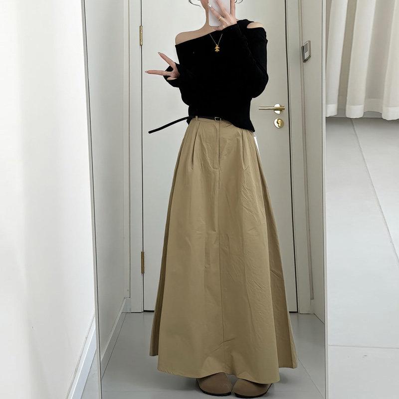 スカート レディース 夏 カーキ ハイウエスト Aライン ミドル丈 ドレープ 梨型体型 ヒップカバー スリム 軽量 伸縮性 普段使い
