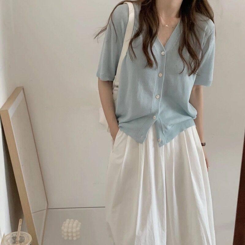 Long-Sleeved Knit - カーディガン レディース ゆったり 薄手 接触冷感 ニット 半袖 夏用 大きめ Vネック リラックス スタイル カジュアル トップス 吸湿速乾 軽量 綿混 ブラック ピンク系 アイボリー 通勤 普段使い