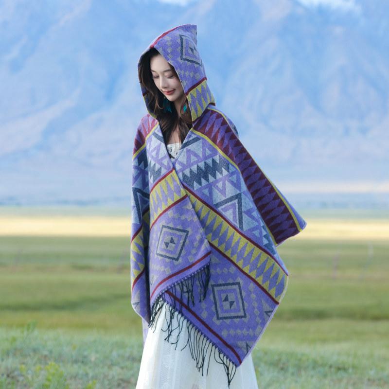 ボヘミアン フード付き ショール ケープ 暖か 保暖 旅行 写真撮影 用 かわいい 外套 アウター 軽量 柔らかい 素材 秋冬 スタイル
