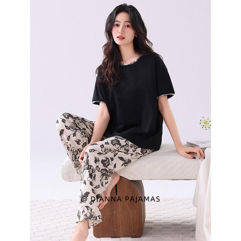 Long-Sleeved Knit - レディース 夏用 パジャマ セット 綿 短袖 薄手 プリント柄 ゆったり カジュアル 外出着 ルームウェア 通気性 軽量 ホームファッション