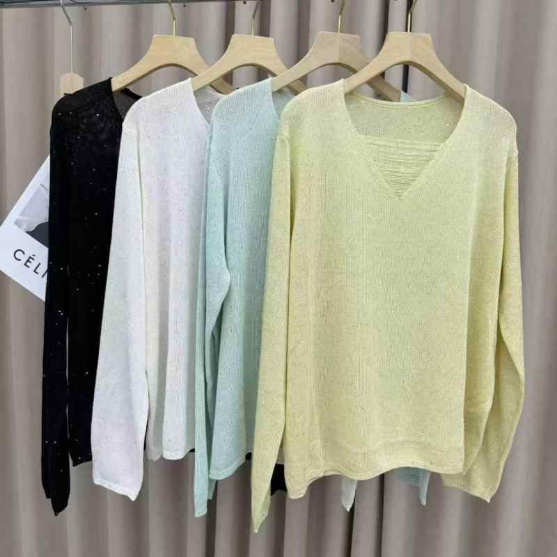 Long-Sleeved Knit - レディース ニット トップス Vネック ゆったり 無地 快適 通気性 細見え スタイリッシュ 汎用 カジュアル 普段使い