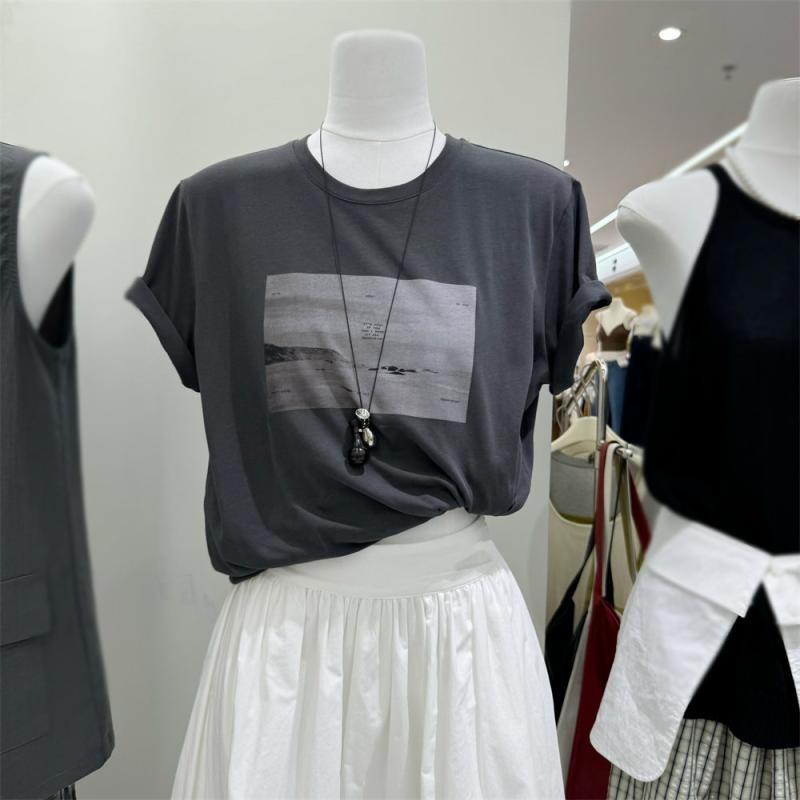 樂天商城 - Tシャツ レディース 夏 グレー 丸首 プルオーバー カジュアル トップス 普段使い 軽量 コットン 吸湿速乾