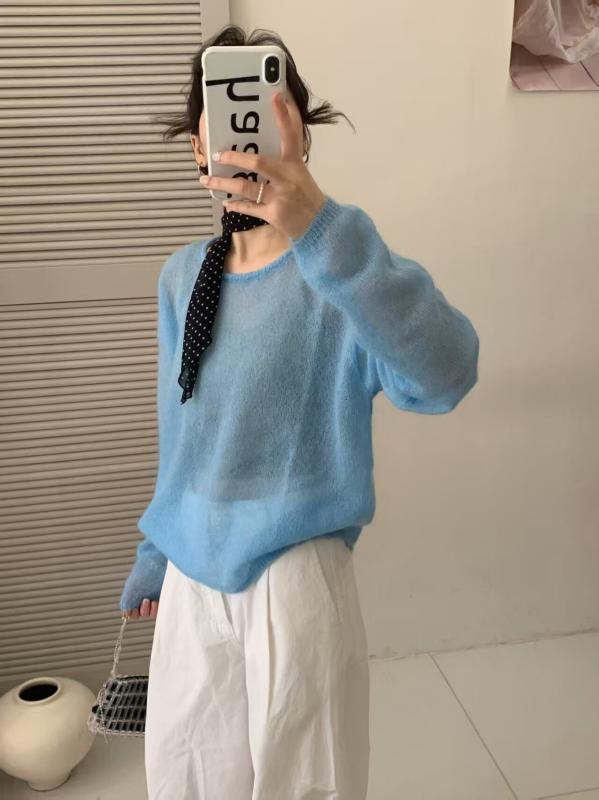 Long-Sleeved Knit - ニットセーター レディース 高級感 ゆったり フィット 薄手 丸首 クルーネック 無地 ソリッドカラー シンプル 韓国 スタイリッシュ 普段使い コーディネートしやすい トップス