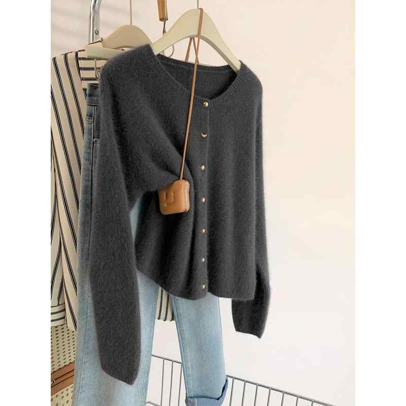 Three-Quarter Knit - ニット カーディガン レディース 秋冬 ダークグレー ゆったり ソフト素材 高級感 小柄対応 暖かみ アウター レイヤード トップス