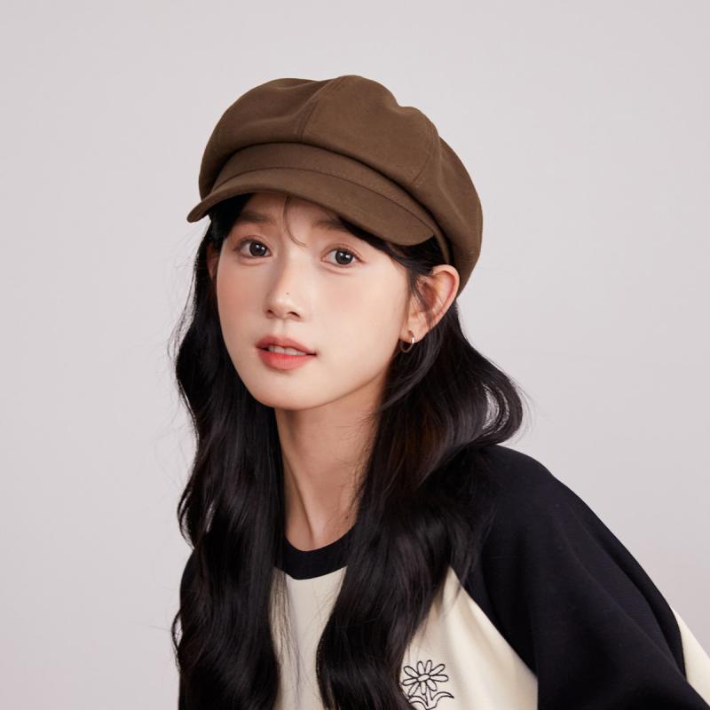 Rakuten - レディース 帽子 秋用 ウール フェルト ニュースボーイ帽 ベレー帽 画家帽 ブラウン 韓国 レトロ アーティスティック 単色 短檐 芸術的 暖かみ 普段使い