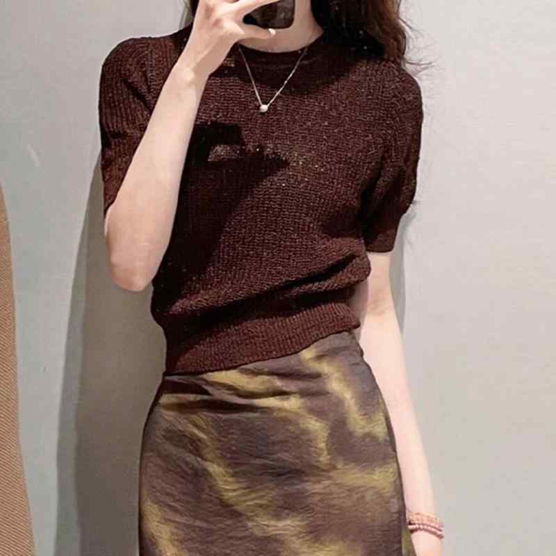 レディース ニット 短袖 Tシャツ 韓国 シック レトロ カーキ 丸首 シンプル ゆったり トップス 夏 カジュアル 普段使い 軽量 吸湿速乾