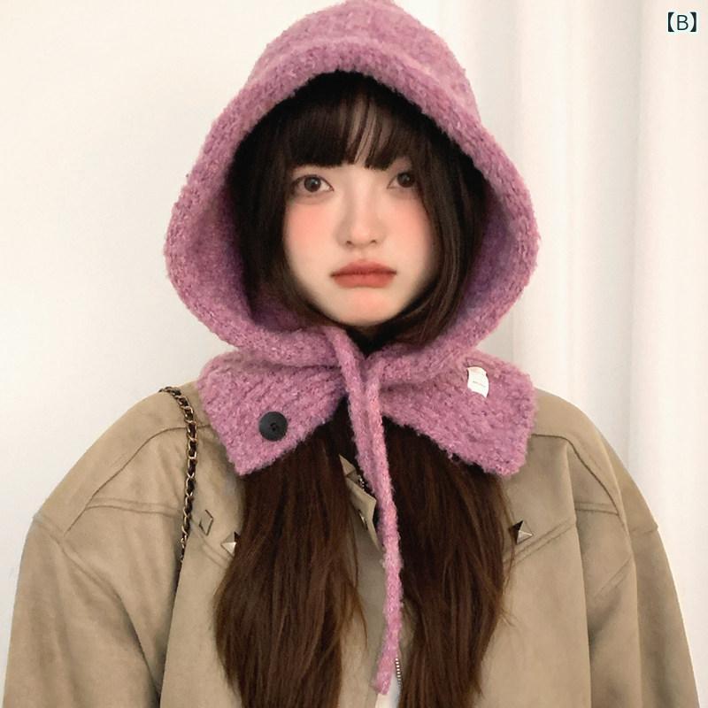 レディース ニットバラクラバ帽 マフラー一体 ブルー ウール混紡 冬用 保温性 耳カバー付き 防寒 アウトドア 暖か 伸縮性 3