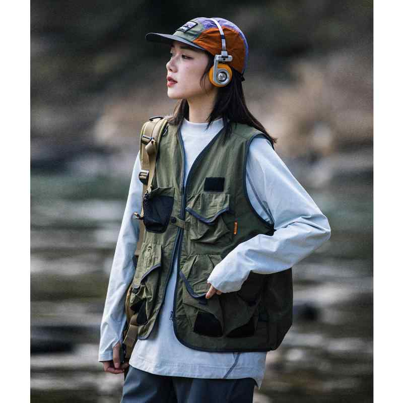 Fishing Vests - ベスト 男女 アウトドア 機能性 多ポケット ワーク ハイキング 釣り キャンプ 登山 軽量 伸縮性 ユニセックス ポケット豊富 作業着風 普段使い 接触冷感 吸湿速乾 再生繊維