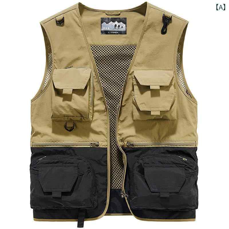 Fly Vest - メンズ ベスト 春秋 アウトドア 多ポケット 機能性 ワーク 薄手 釣り 写真 ルアー オフロード 軽量 吸湿速乾 ストレッチ ブラック グレー