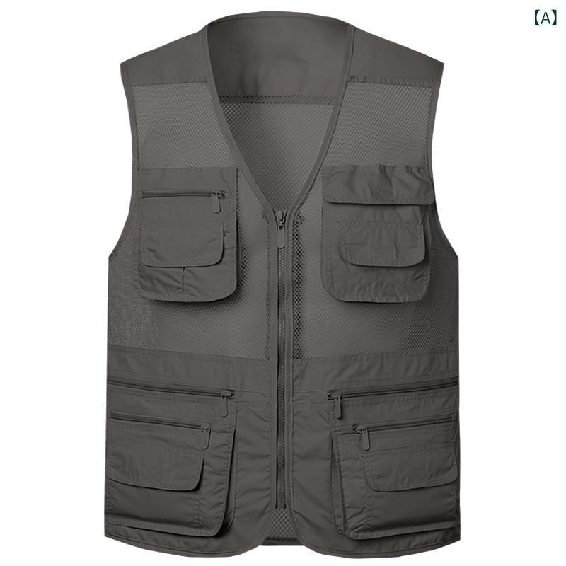 Vests - メンズ ベスト 夏用 薄手 通気 速乾 メッシュ 多ポケット ワーク 釣り アウトドア 快適 軽量 機能的