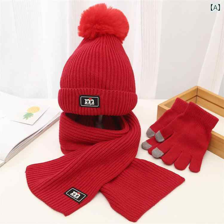 Knit Hat - 女の子 冬用 耳あて付き 毛糸帽子 マフラー 手袋 3点セット 保温 暖か 学生向け ニット グローブ キャップ コットン混 柔らか 日常使い
