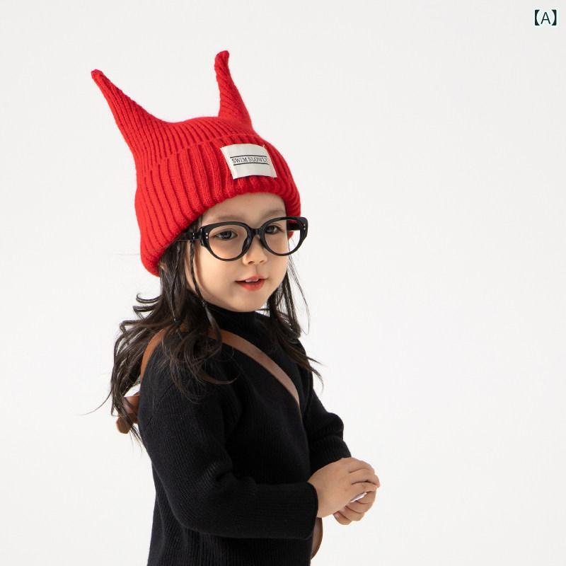 帽子 子供用 秋冬 ニット帽 キッズ 保暖 女の子 男の子 ベビー かわいい 悪魔柄 毛糸 ビーニー 暖か 保温 ユニセックス・対象年齢: 2~6歳・頭囲: 48-52cm・帽サイズ: 均一・素材: アクリル・スタイル: かわいい・対象性別: 男女共通・カラー展開: 赤.黒.米色.青.黄.カーキ・帽子タイプ: セットオン帽・適用シーン: 外出・帽頂スタイル: 丸頂・帽檐スタイル: 無檐
