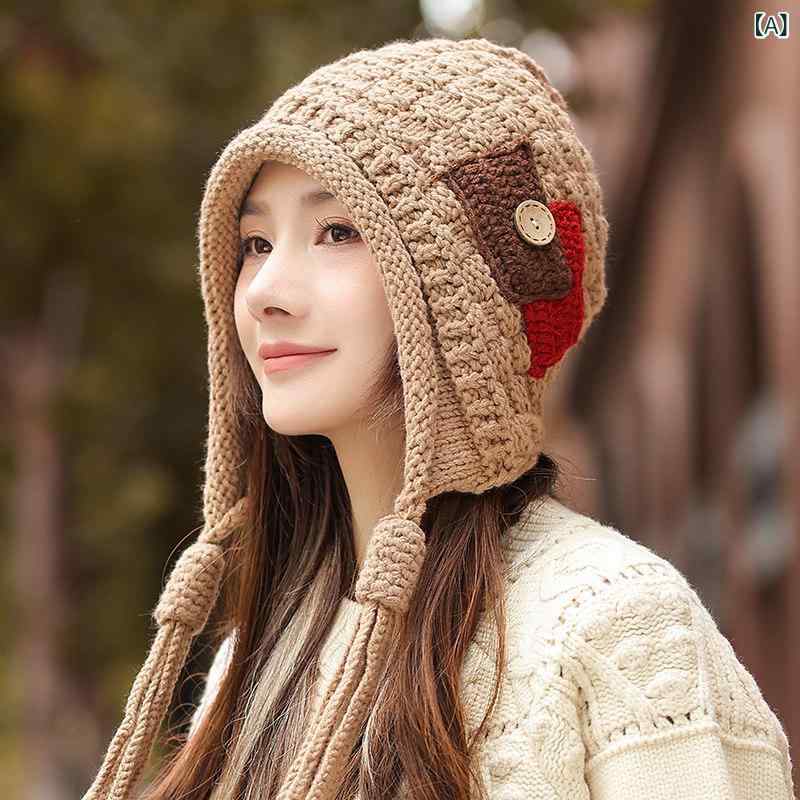 Knit Hat - ニット帽 レディース 秋冬 耳当て 防寒 暖か タッセル付き 顔映り良い 毛糸 柔らか カジュアル 普段使い