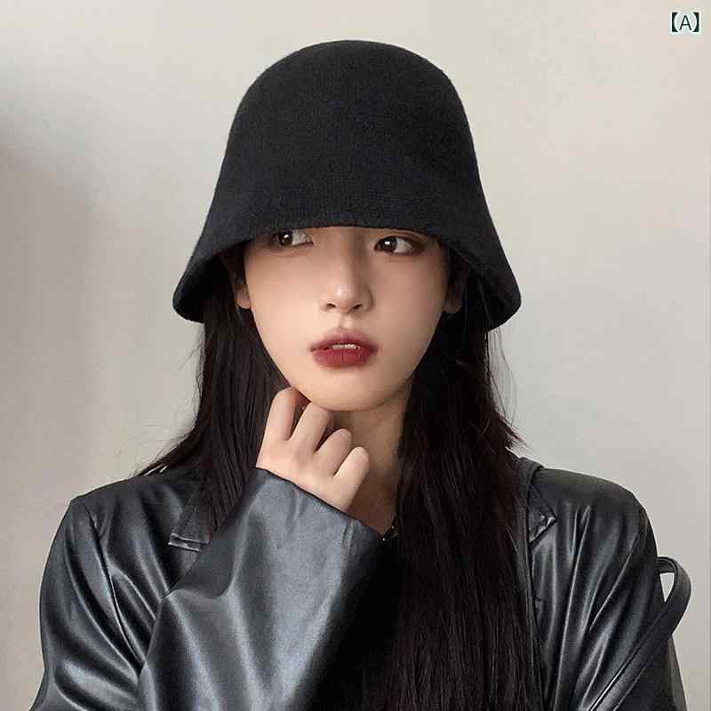 For Women - レディース 秋冬 韓国 フィッシャーマンズハット ブラック ウール ニット 小バケット 顔映り良い 顔隠し 合わせやすい 暖かみ フェルト キャップ