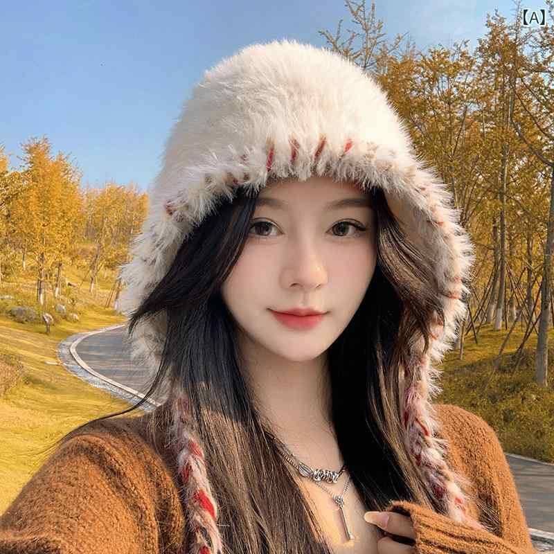 Knit Hat - ニット帽 女性用 秋冬 かわいい 白 毛フワ 韓国 ビッグシルエット フリンジ 民族風 毛糸 暖か 柔らか 普段使い コーデ 万能 ベーシック
