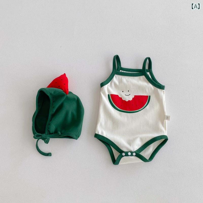 ベビー 夏 吊り紐 キャミソール 蛙衣 セット 離乳食 開始 儀式 服 メロン柄 おむつ カバー 百日 記念 連体服 綿 素材 軽量 吸湿速乾 かわいい 通年 対応