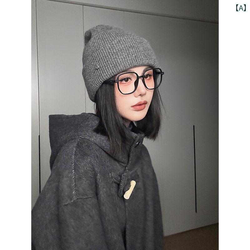 Knit Hat - ニット帽 レディース 秋冬 ウール 保暖 耳あて フェイスシェイピング シンプル 暖か 毛糸 編み込み ソフト 軽量 通勤 普段使い ベーシック ブラック グレー アイボリー