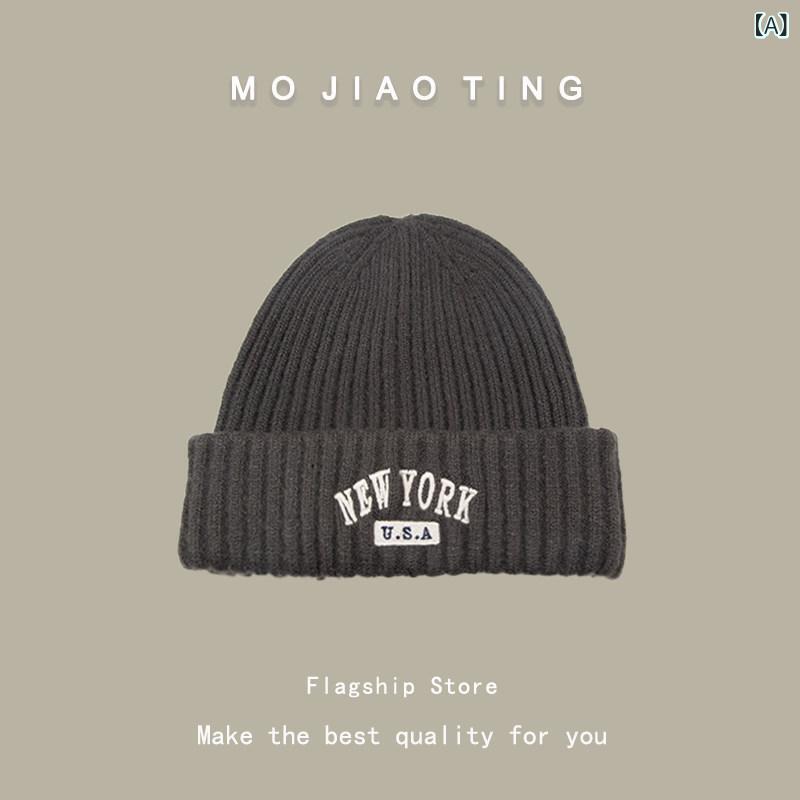 Knit Hat - ニット帽 秋冬 女性用 男性用 アルファベット刺繍 保暖 耳当て付き 毛糸 ビーニー 暖か 普段使い ベーシック カップル ウール調 軽量 伸縮性