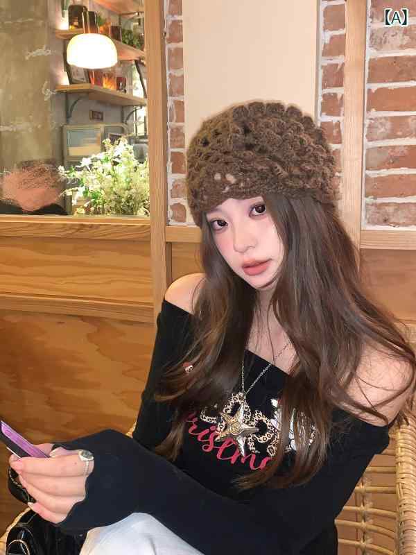 女性用 ニット帽子 クロシェ 立体編み かわいい レトロ 薄手 プルオーバー フリル 小顔効果 軽量 伸縮性 カジュアル 普段使い