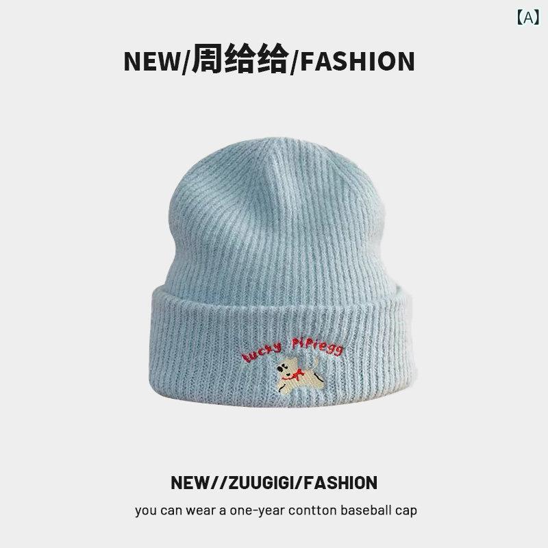 レディース 冬用 ニット帽 刺繍入り かわいい犬柄 二重構造 加厚暖か 小包頭スタイル 顔小さく見せ 柔らか素材 伸縮性 保暖 ビーニー 毛糸帽子