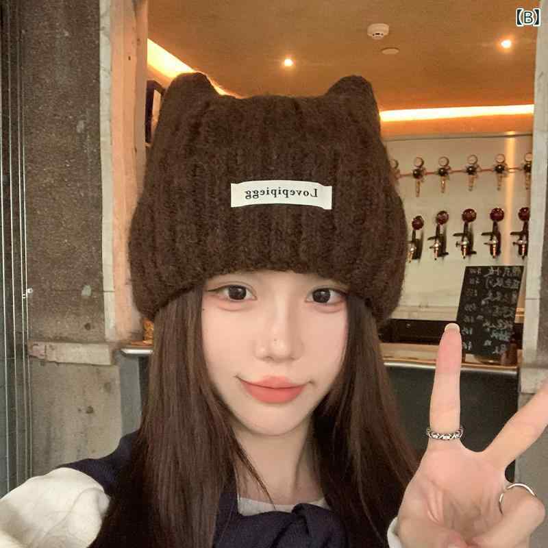 リバーパディのレディース 猫耳ニット帽 秋冬 韓国 かわいい 高級感 暖か 耳あて 顔映り 細編み 毛糸 防寒 ヘッドウェア 日常使い 柔らかい 保温性｜アングル2
