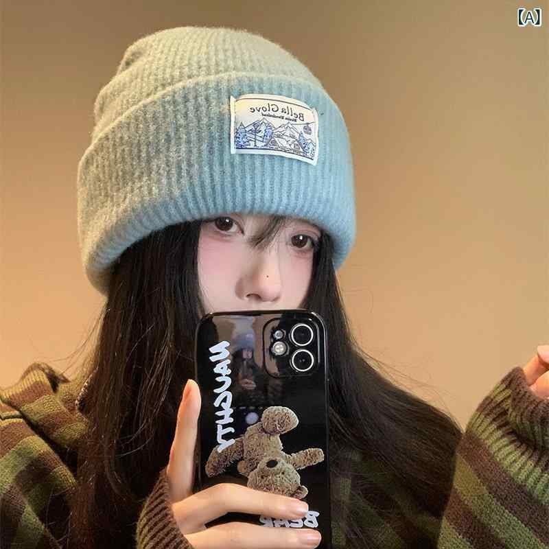 ニット帽 レディース 冬用 ウール混 ブルー 韓国 暖か 耳あて付き ビッグサイズ 小顔効果 コーディネートしやすい ニット ビーニー 防寒 柔らか素材