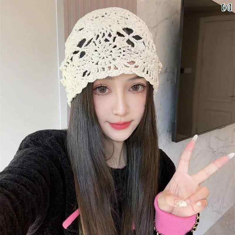 Knit Hat - ニット帽 女性用 手編み クロシェ 透かし編み 毛糸 レトロ アート風 春秋 ターバン ヘッドバンド 伸縮性 軽量 ボヘミアン 普段使い フィット