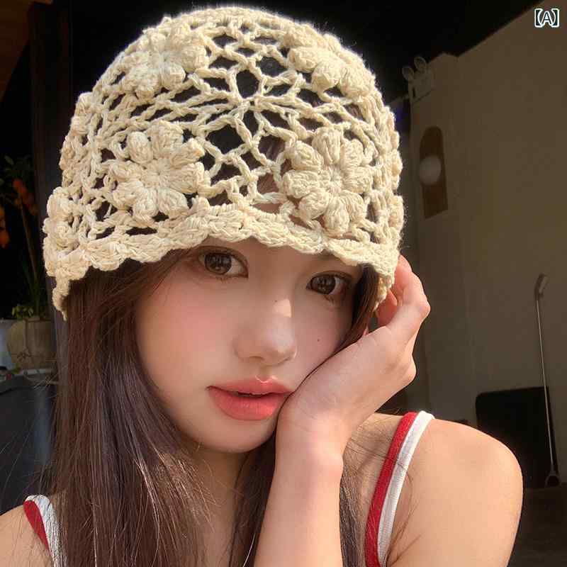 ニット帽 レディース 手編み クロシェ 透け感 春 レトロ 顔映り 小頭囲 百搭 ヘッドラップ 綿素材 軽量 柔らか 普段使い コーディネート