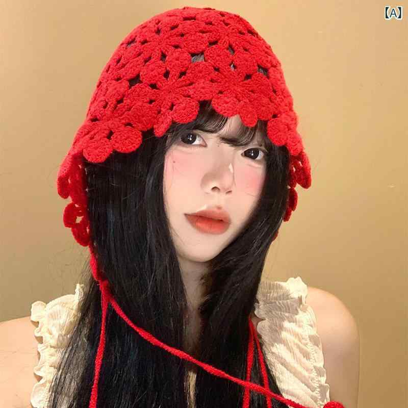 Knit Hat - 帽子 レディース ボヘミアン 手編み かぎ針編み 透かし タッセル プルオーバー ニット 赤 カジュアル フェミニン 軽量 伸縮性