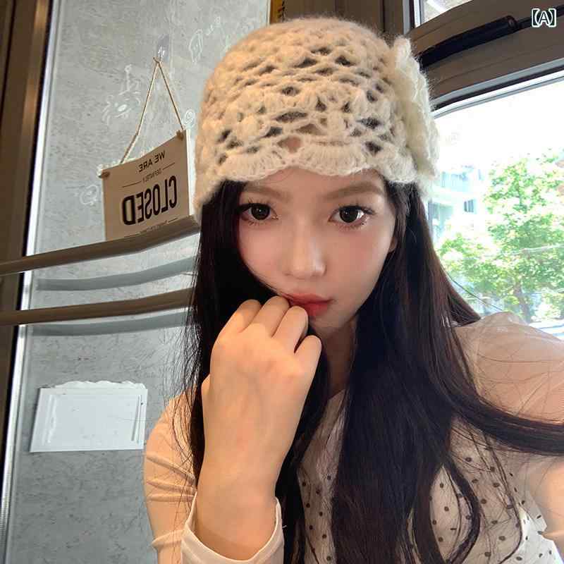 Knit Hat - 帽子 レディース 夏用 接触冷感 ニット クロシェ 花柄 レトロ 薄手 透け 通気 小顔効果 編み込み かぶり 軽量 吸湿速乾 カジュアル