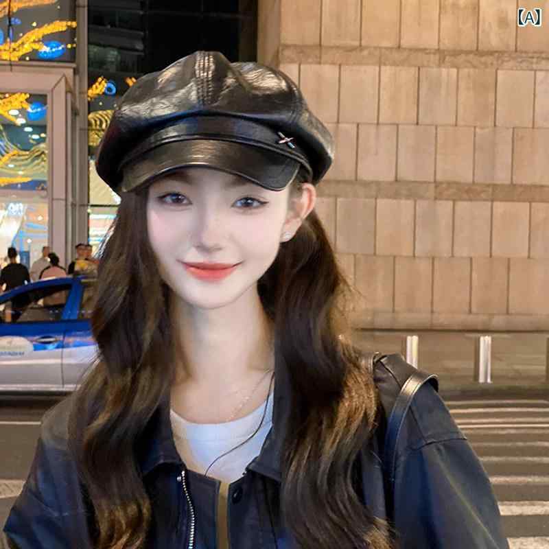 回声延迟 - 帽子 レディース 合成皮革 ニュースボーイ帽 ベレー帽風 コンパクト フェイスフレーミング レトロ イギリススタイル ネイビー 普段使い ストリートファッション