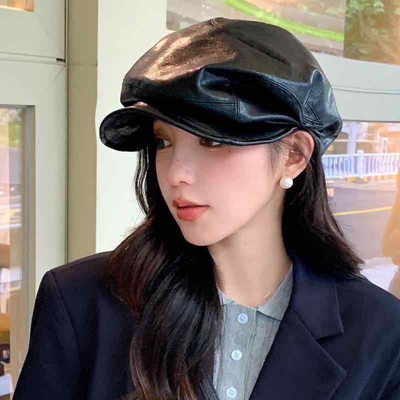 ベレー帽 女性用 黒 春秋 韓国 革 プリーツ 八角形 画家帽風 大きめサイズ ストリートファッション 軽量 スタイリッシュ