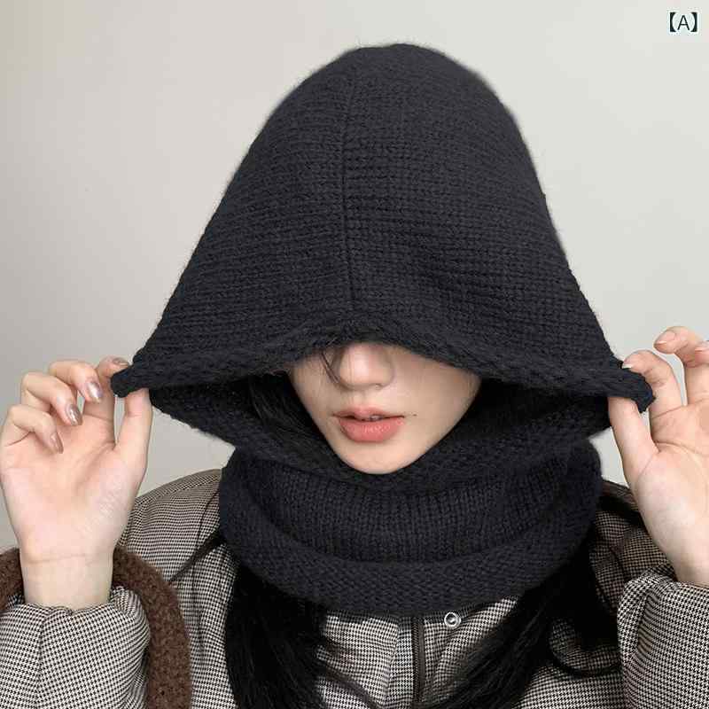 バラクラバ帽 女性用 厚手ニット フィット 大きめサイズ 暖か素材 フェイスカバー スカーフ一体 秋冬 ファッション 毛糸 伸縮性 防寒 普段使い