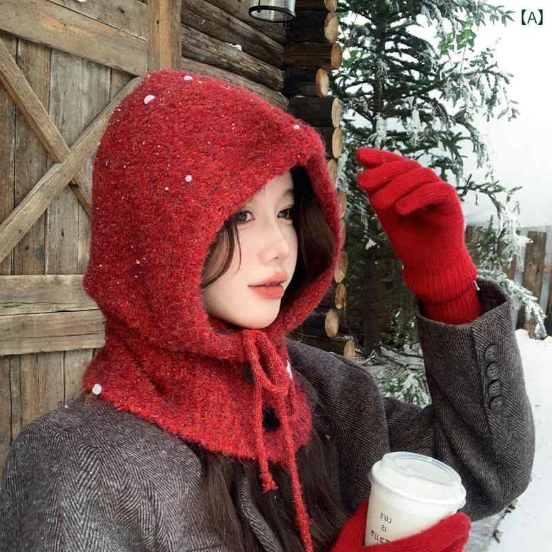 ニット帽 バラクラバ型 レディース 秋冬 赤 保暖 混 耳当て付き スカーフ一体 暖か ウール調 保温性 首元カバー