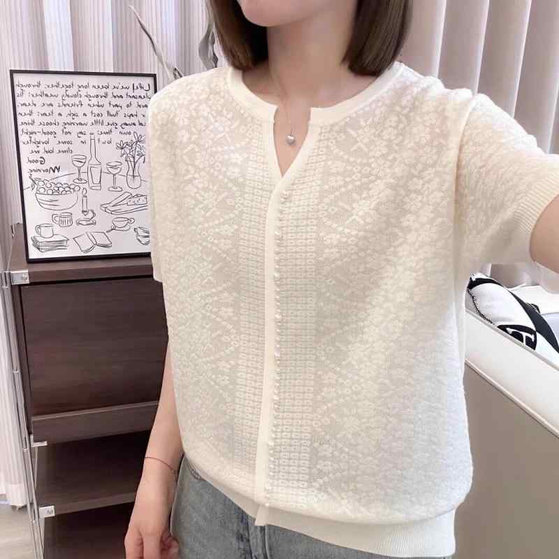 レディース ニットトップス ゆったり Vネック 半袖 パール刺繍 花柄 夏用 フィット 上品 女性用 大きめサイズ 軽量 吸湿速乾