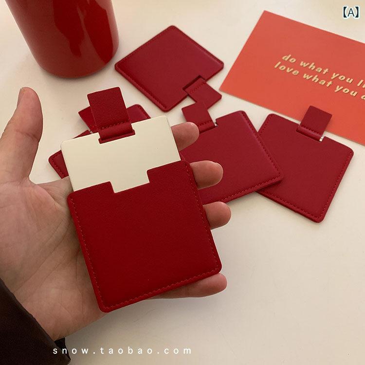 コンパクト ハンドミラー ポータブル メイクミラー ステンレス 耐衝撃 携帯用 赤 シンプル ミニサイズ 普段使い 軽量