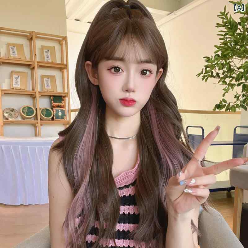 ウィッグ レディース ロング 軽いウェーブ ピンク ハイライト ふんわり ボリューム ナチュラル スタイル エアリー バングス リアル ヘア 軽量 快適 合成繊維