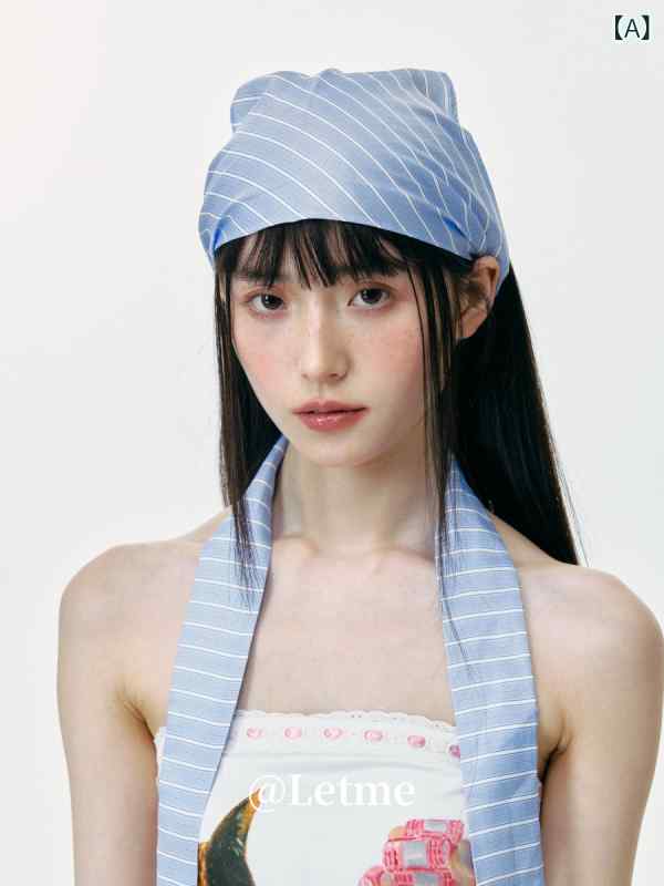 女性用 夏 ストライプ 紐付き 三角頭巾帽子 日系 韓国 小顔効果 軽量 カジュアル 普段使い