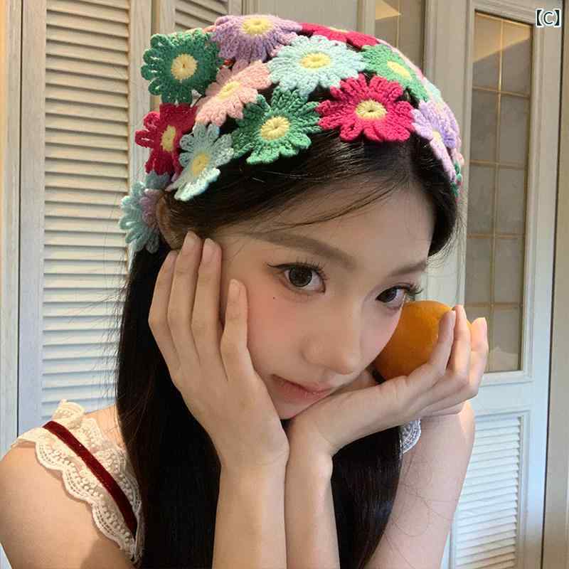 レディース 手編み 三角 ヘッドスカーフ ブルー 花柄 ナチュラル ビーチ リゾート ...