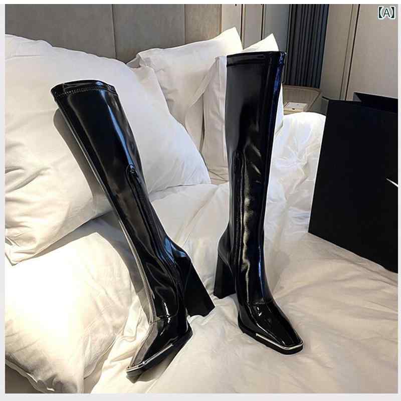 レディース ロングブーツ ハイヒール エナメルレザー スクエアトゥ ミドル丈 細見え ライダースタイル 秋冬 女性用 長筒靴 漆皮加工 方頭 不过膝丈 騎士風 伸縮性 軽量 ブラック系 ピンク系 アイボリー 接触冷感 吸湿速乾 高級感 カジュアル