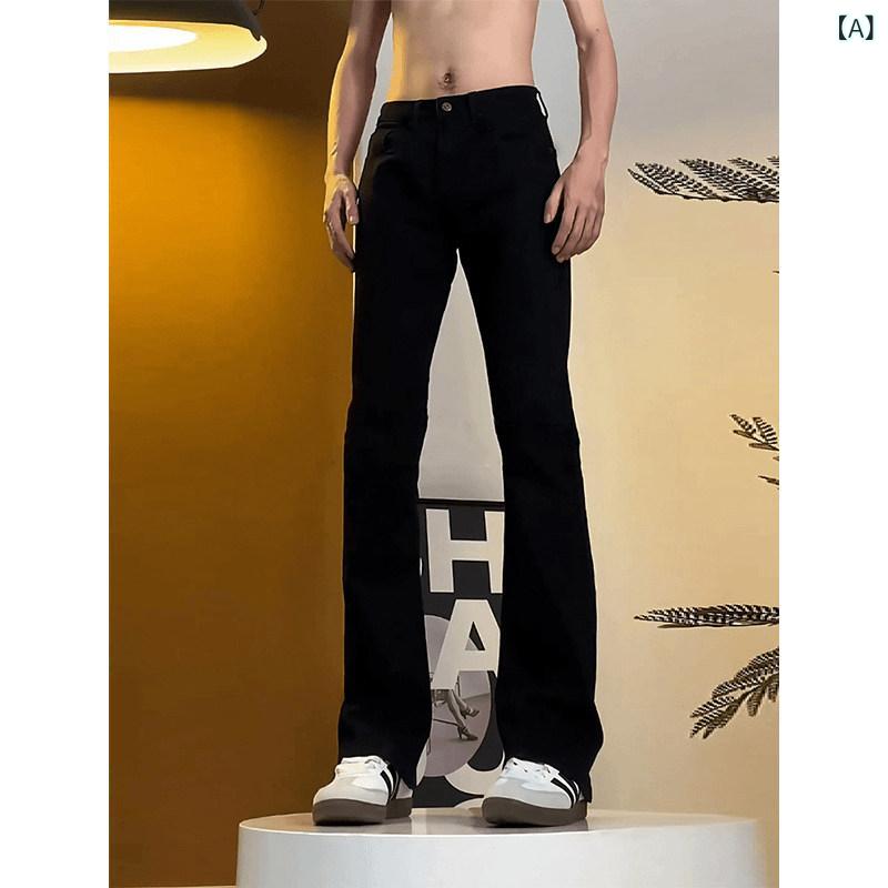 メンズ デニムパンツ ブラック ストレッチ ストレート スリムフィット ストリートスタイル 秋冬 ナロー 微フレア ロングレッグ 普段使い 軽量 デニム素材 脚長効果