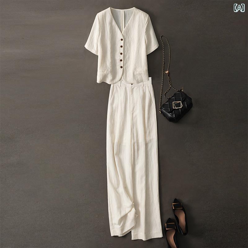 ツーピース 短袖ジャケット ハイウエスト ワイドパンツ セット リラックス カジュアル イタリアンスタイル 通気性 再生繊維 麻 素材 軽量 春夏 普段使い トップス ボトムス 組み合わせ