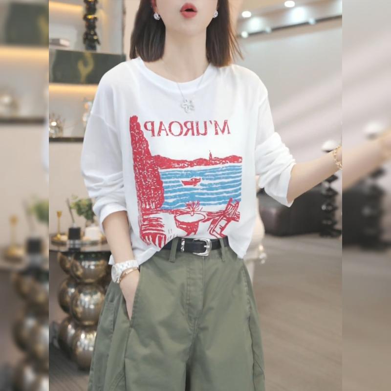 レディース 夏用 UVカット 薄手 プリント柄 接触冷感 Tシャツ ホワイト ゆったり フィット カジュアル トップス 普段使い 軽量 吸湿速乾