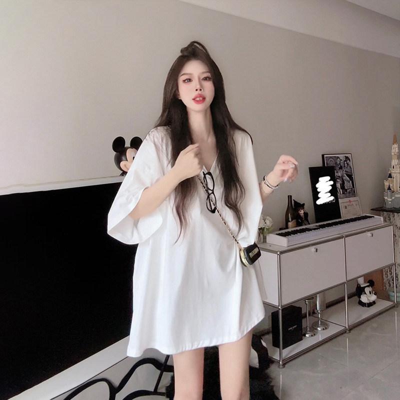 Tシャツ レディース 白 短袖 Vネック ゆったり 中長丈 夏用 フィット ヒップカバー カジュアル トップス 普段使い 軽量 吸湿速乾
