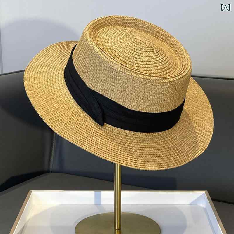 麦わら帽子 キッズ 夏用 UVカット フレンチスタイル フラットトップ 海辺リゾート風 日よけ 軽量 ストロー素材 ビーチバケーション 遮陽 かわいい