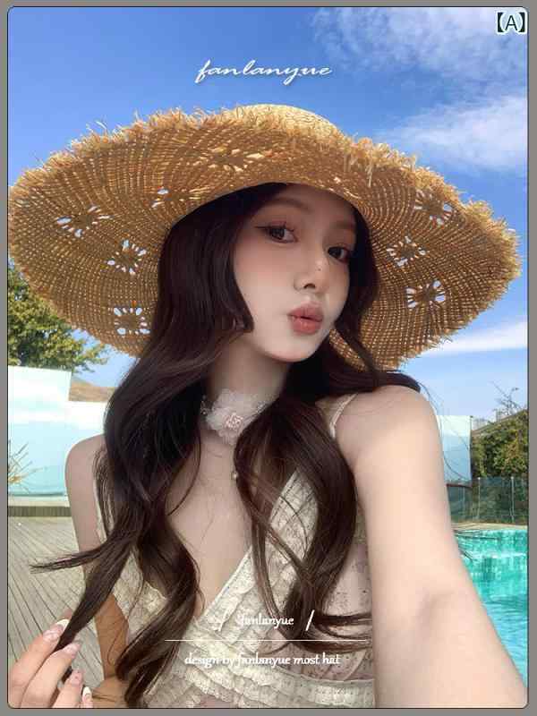 Panama Hats - 麦わら帽子 レディース ラフィア素材 透かし編み 夏用 ビーチハット リゾート ワイドブリム UVカット 日よけ 通気性 軽量 ナチュラル ファッション