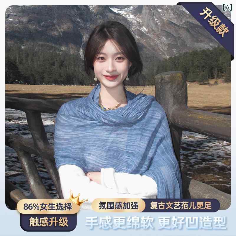 Other - スカーフ 女性用 ブルー レトロ 綿麻 プリーツ ヴィンテージ ショール 春秋 旅行用 アウトドア 高級感 雰囲気 軽量 吸湿速乾