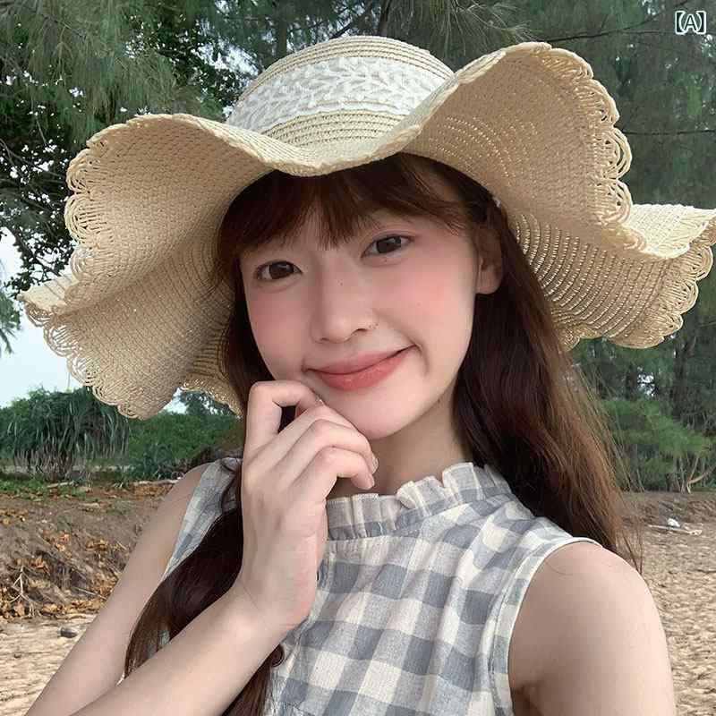 Straw Hat - 麦わら帽子 レディース 夏 フレンチスタイル レース リボン ワイドブリム 編み込み ビーチ リゾート UVカット 日焼け防止 軽量 通気性 ファッション ハット 女性用 バカンス 度假 帽子