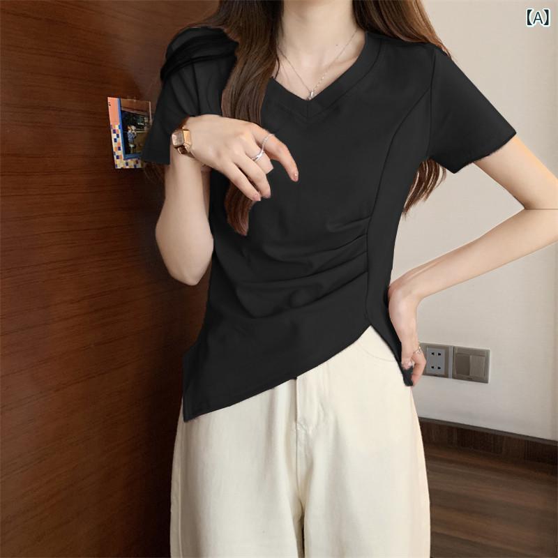 Tシャツ レディース Vネック 白 短袖 夏 大きめサイズ 高級感 スリム効果 アシンメトリー ゆったり トップス ブラウス 普段使い 軽量 伸縮性 接触冷感 吸湿速乾 ビッグシルエット