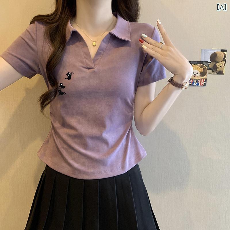 ポロTシャツ レディース 紫 タイダイ柄 半袖 夏 甘辛スタイル スリムフィット スリム効果 ショート丈 正肩 カジュアル 日常使い トップス